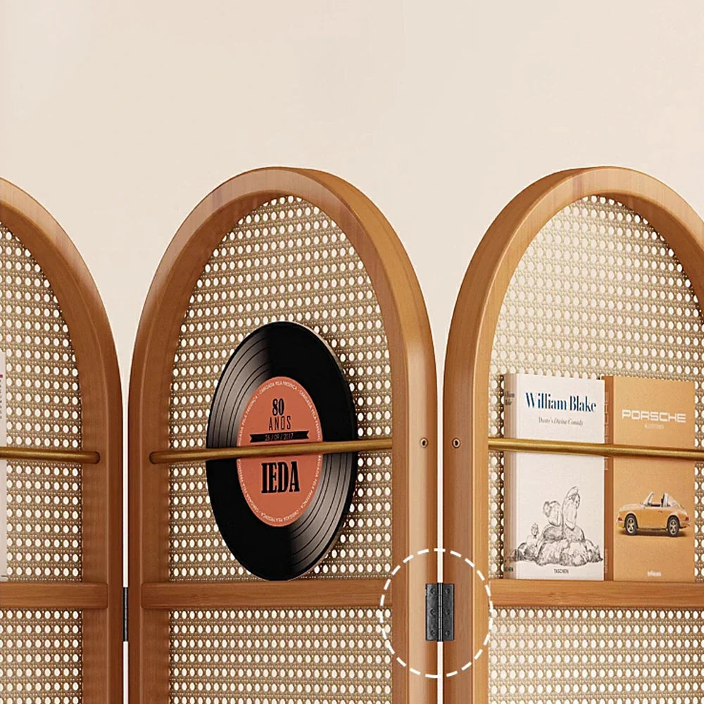 LIVARA Foldable Bamboo Arched Rattan Woven 3-Panel Rack with Room Divider Magazine Design