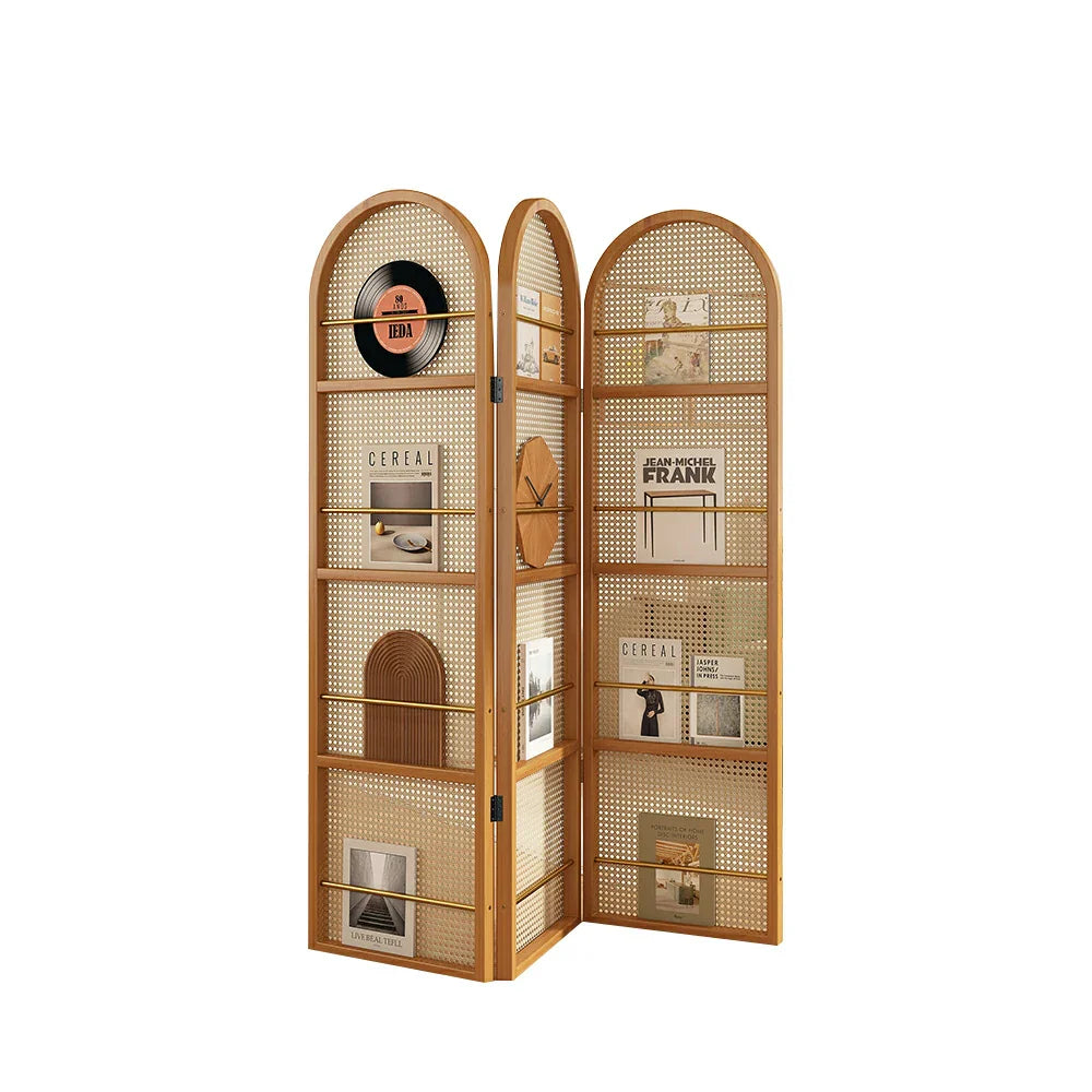 LIVARA Foldable Bamboo Arched Rattan Woven 3-Panel Rack with Room Divider Magazine Design
