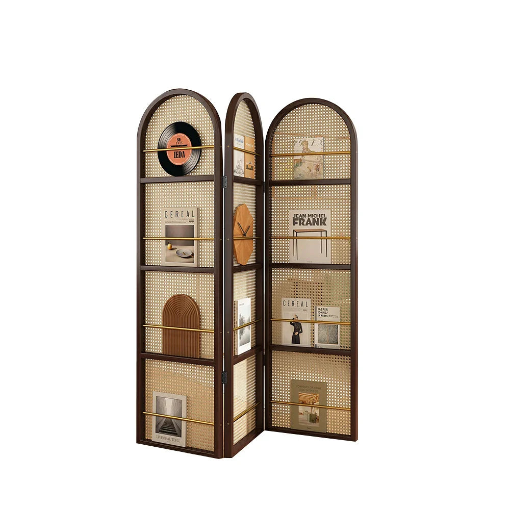 LIVARA Foldable Bamboo Arched Rattan Woven 3-Panel Rack with Room Divider Magazine Design