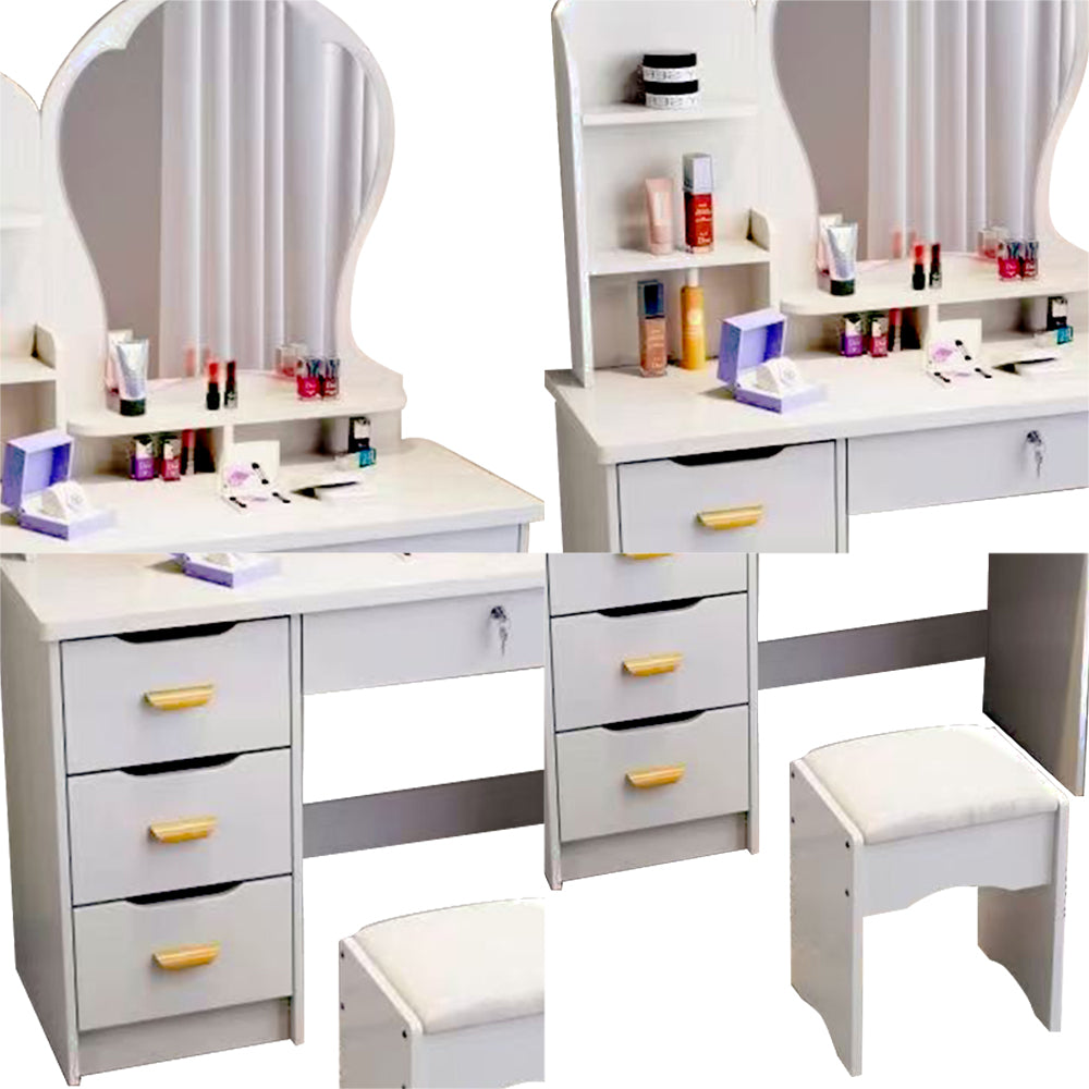 LIVARA Princess‑Style Large Dressing Table 70‑80cm Length with Mirror and Stool