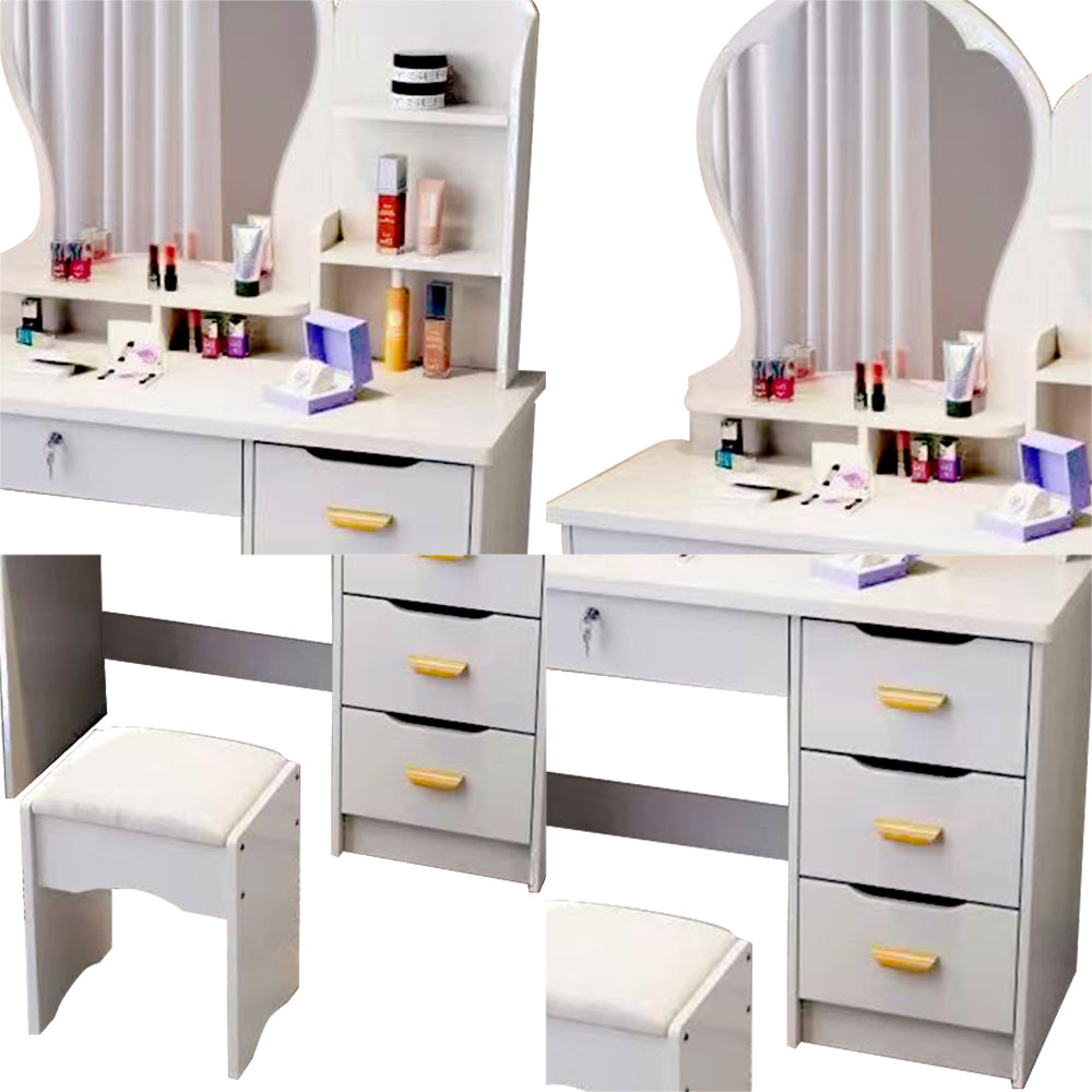 LIVARA Princess‑Style Large Dressing Table 70‑80cm Length with Mirror and Stool