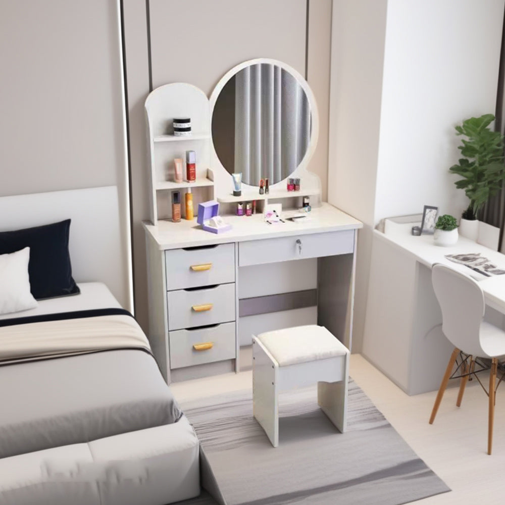 LIVARA 70/80CM Length Round Dressing Table Mirror With Stool