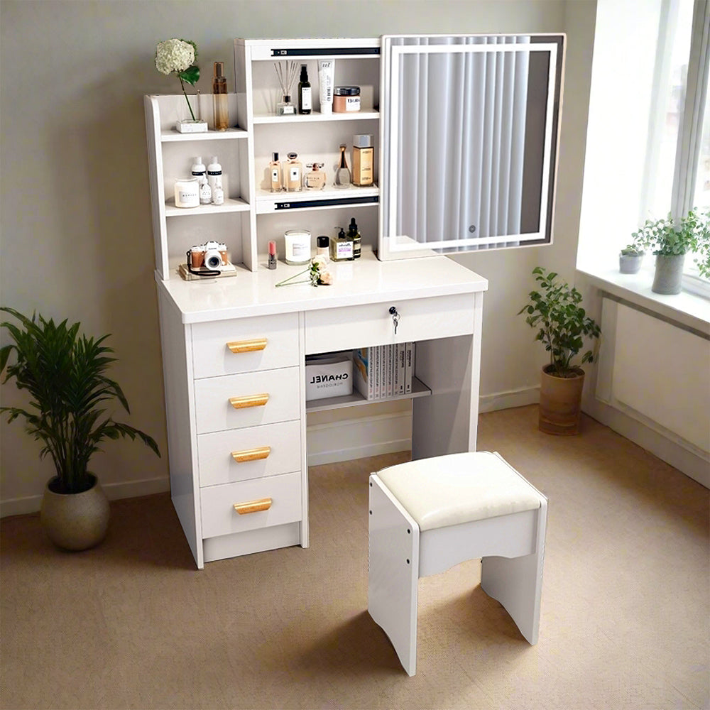 LIVARA 198 80cm Large Sliding LED Mirror Dressing Table with Stool