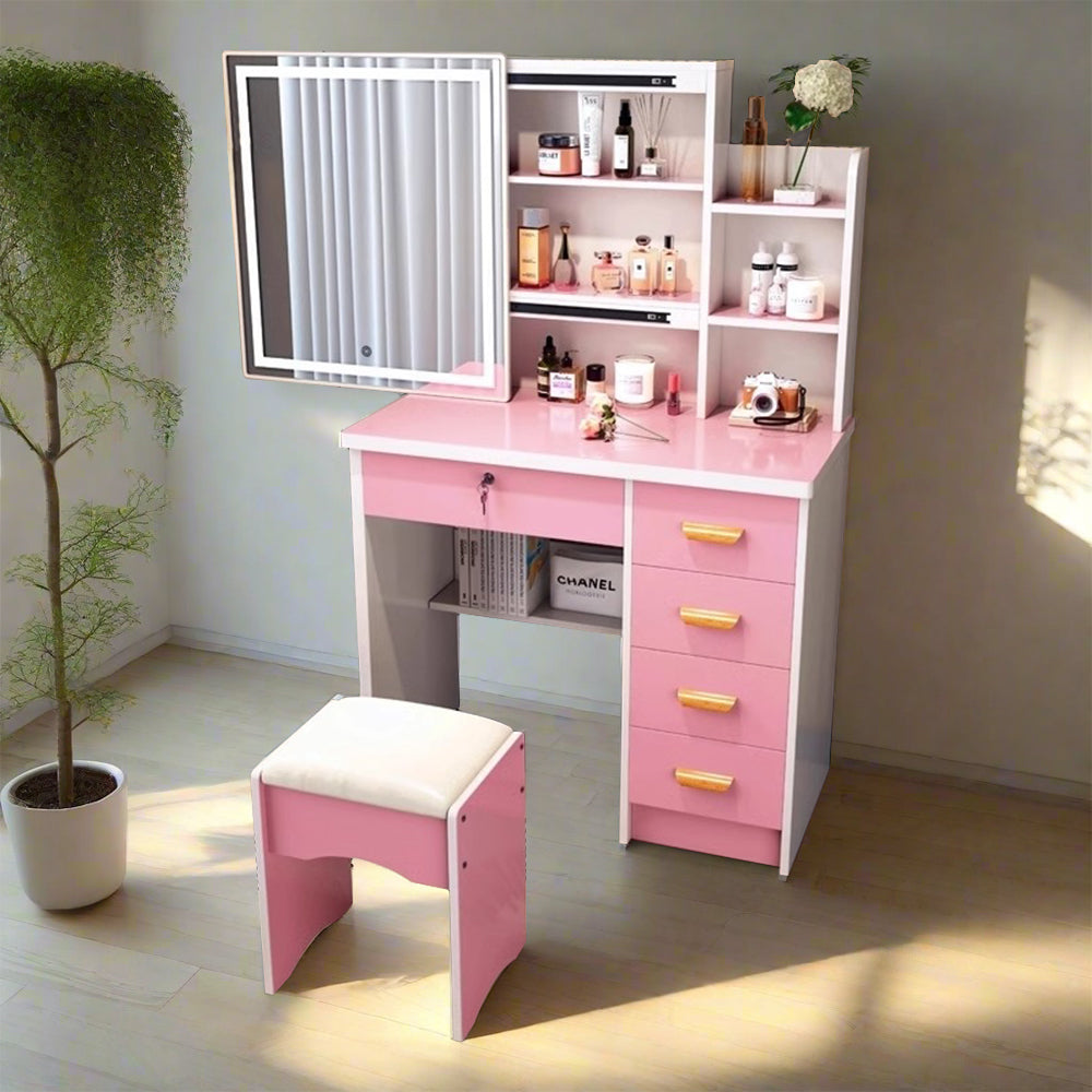 LIVARA 198 80cm Large Sliding LED Mirror Dressing Table with Stool