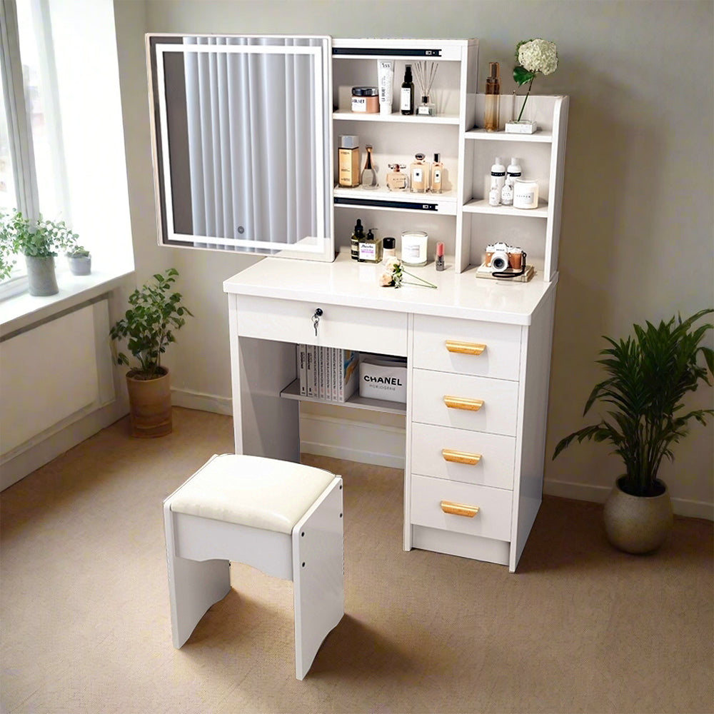 LIVARA 198 80cm Large Sliding LED Mirror Dressing Table with Stool
