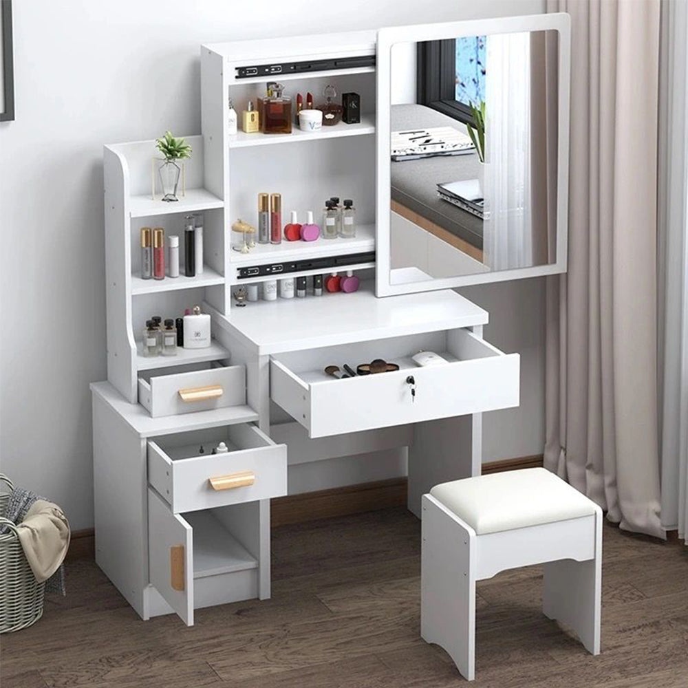 LIVARA 968 80cm Large Sliding Mirror Dressing Table with Stool