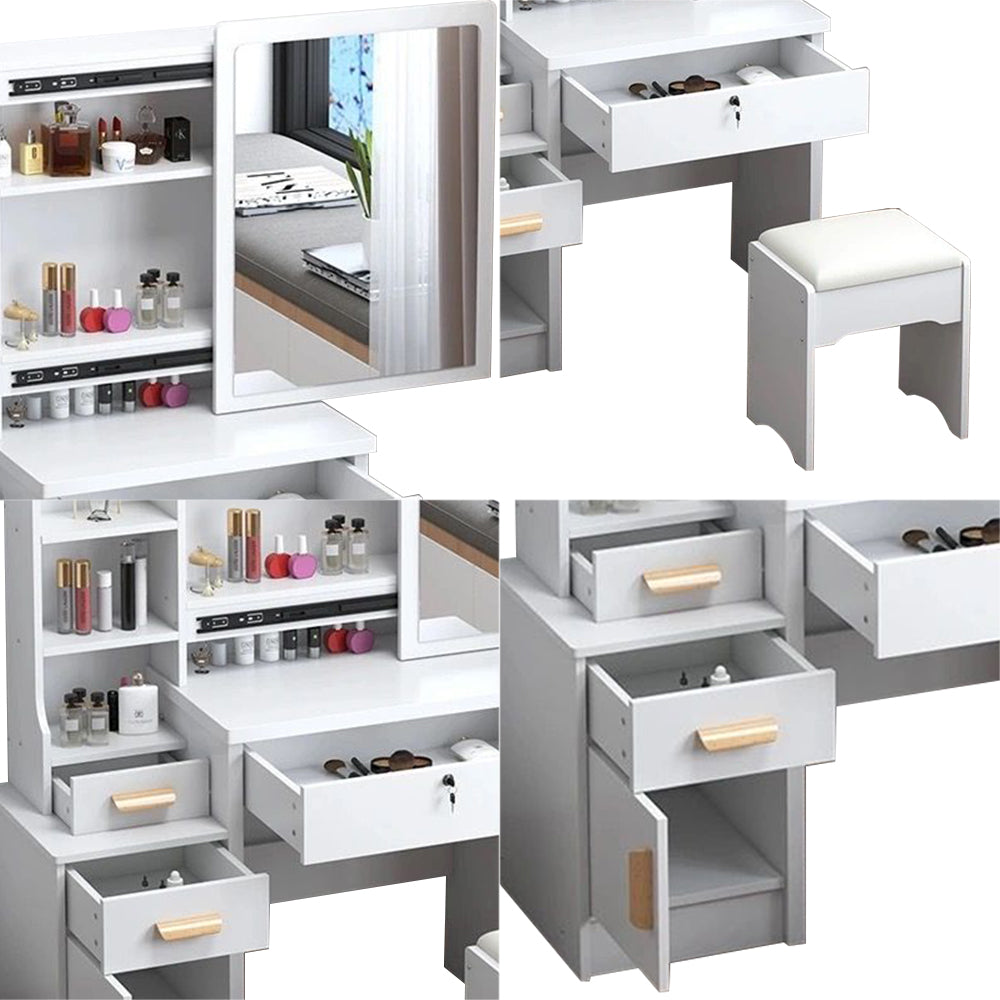 LIVARA 968 80cm Large Sliding Mirror Dressing Table with Stool