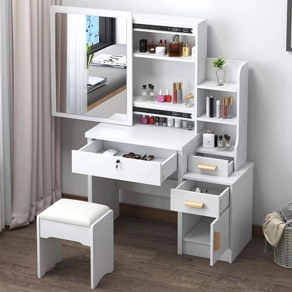 LIVARA 968 80cm Large Sliding Mirror Dressing Table with Stool