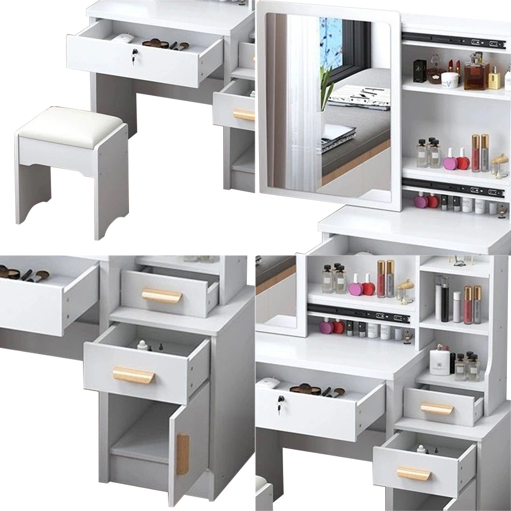 LIVARA 968 80cm Large Sliding Mirror Dressing Table with Stool