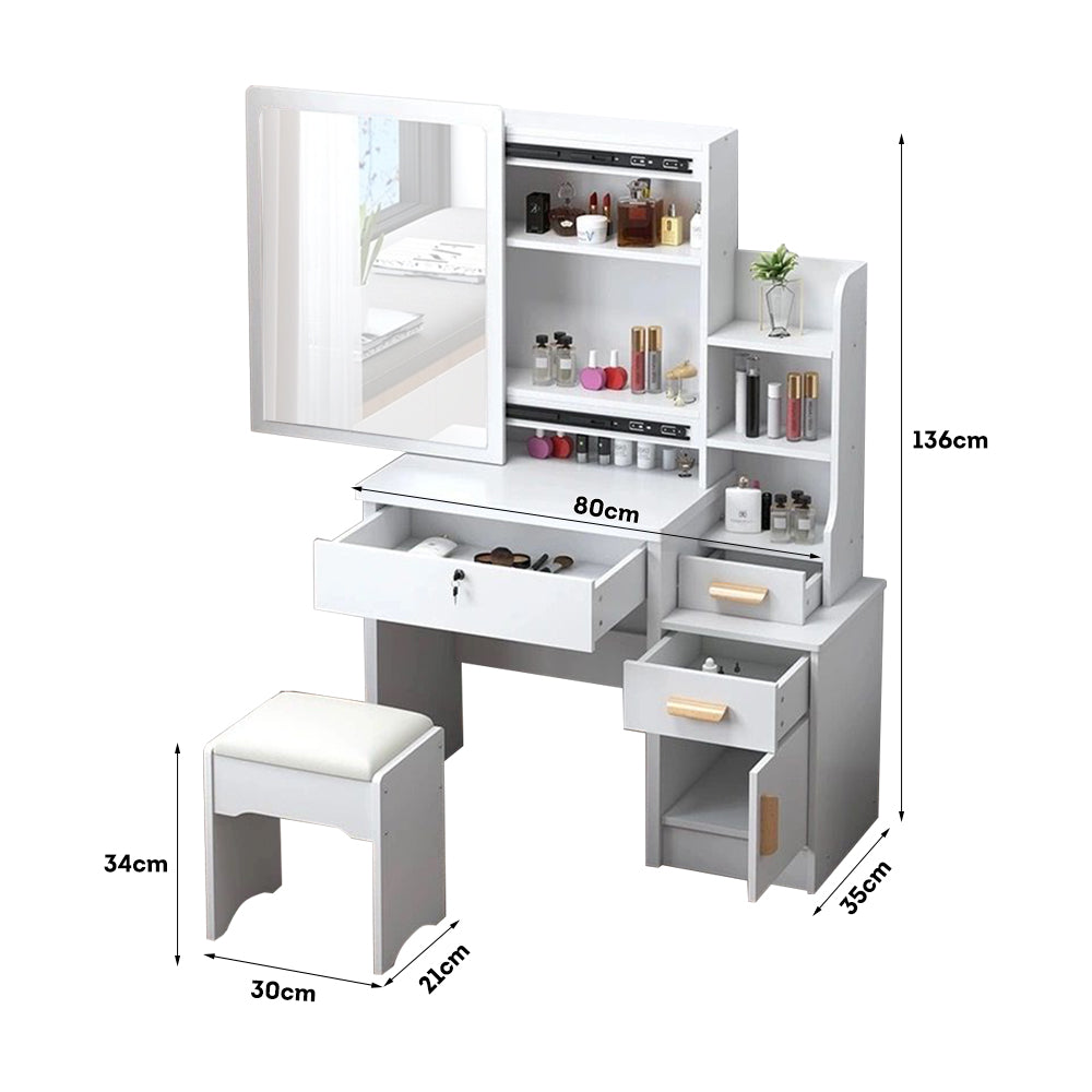 LIVARA 968 80cm Large Sliding Mirror Dressing Table with Stool