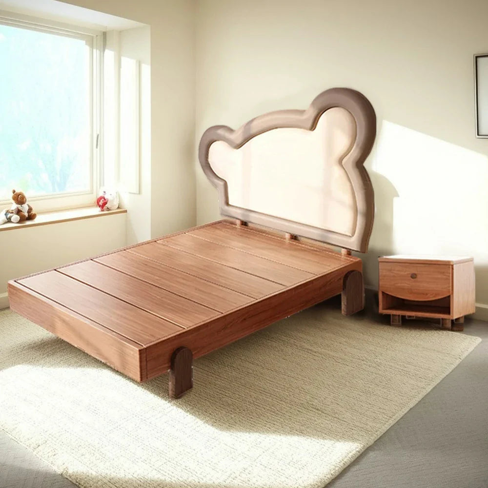LUXORA 135/150cm Wood Bear Soft Frame Bed Children's Teddy with Bedhead Solid Backrest