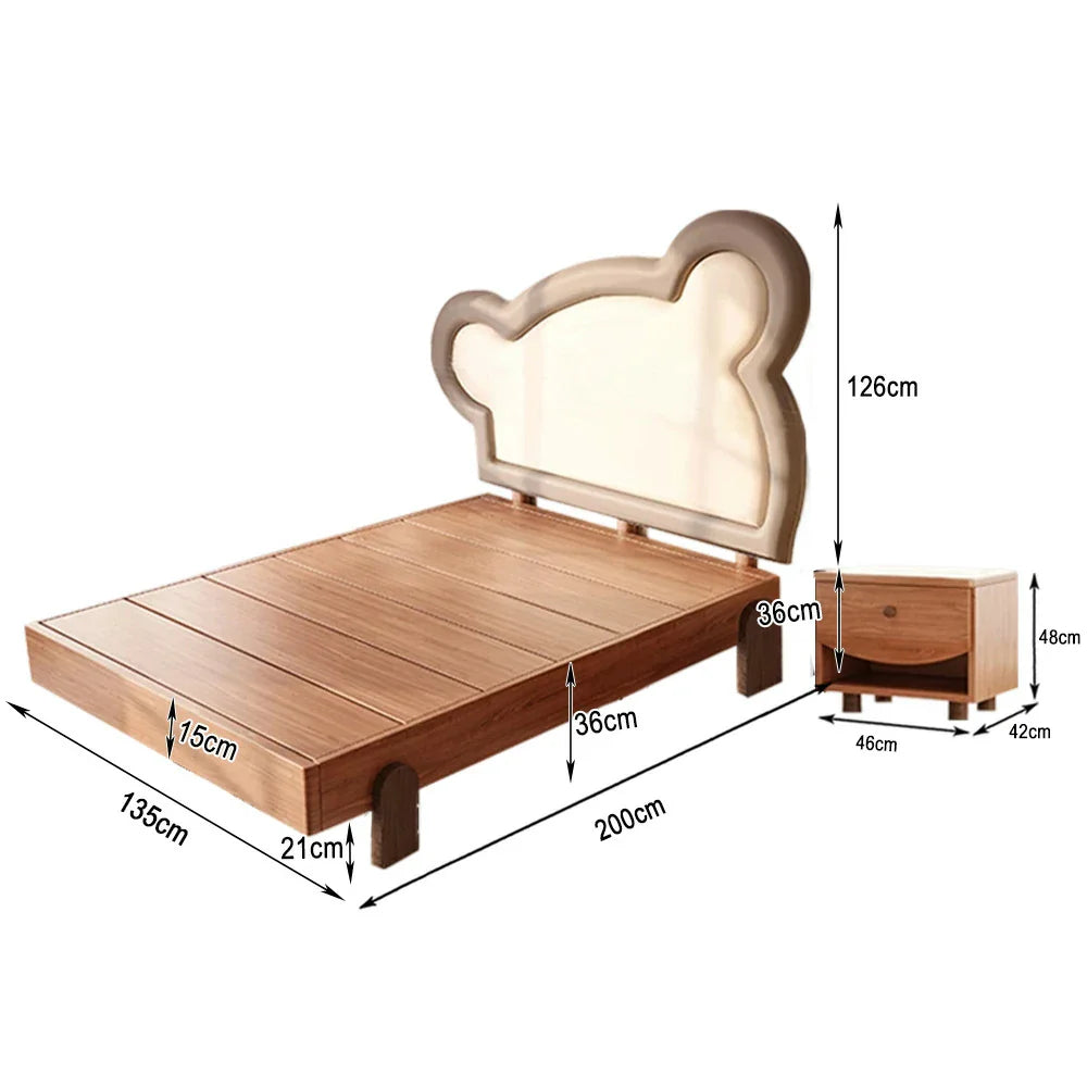 LUXORA 135/150cm Wood Bear Soft Frame Bed Children's Teddy with Bedhead Solid Backrest