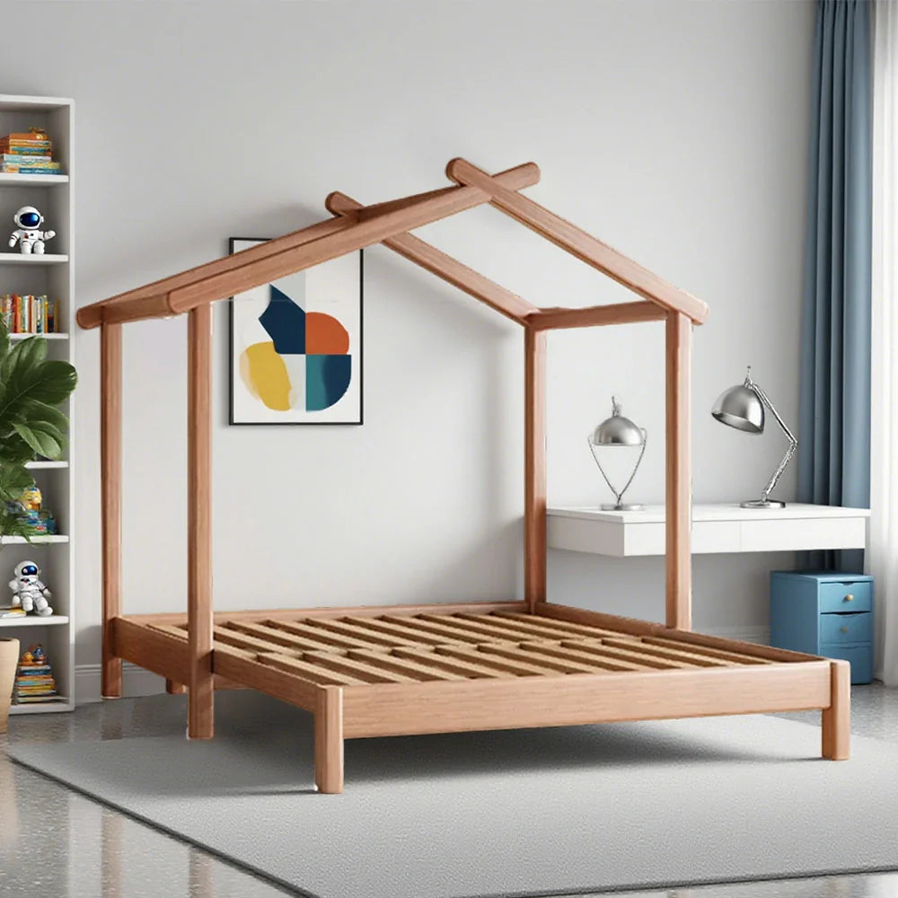 LUXORA 180/200cm Convertible Frame Bed, Space-Saving Children's with Kids Slide Function Pulling House Bed Out Wooden Design