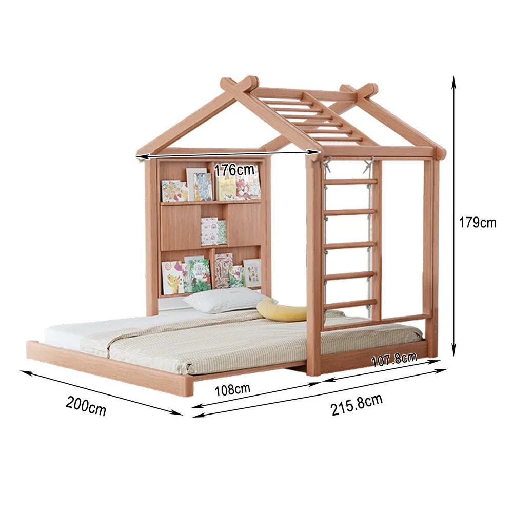 LUXORA 180/200cm Climbing Picture Book Function System Kids House Bed with Wooden Slide-Out Play Frame, Wall