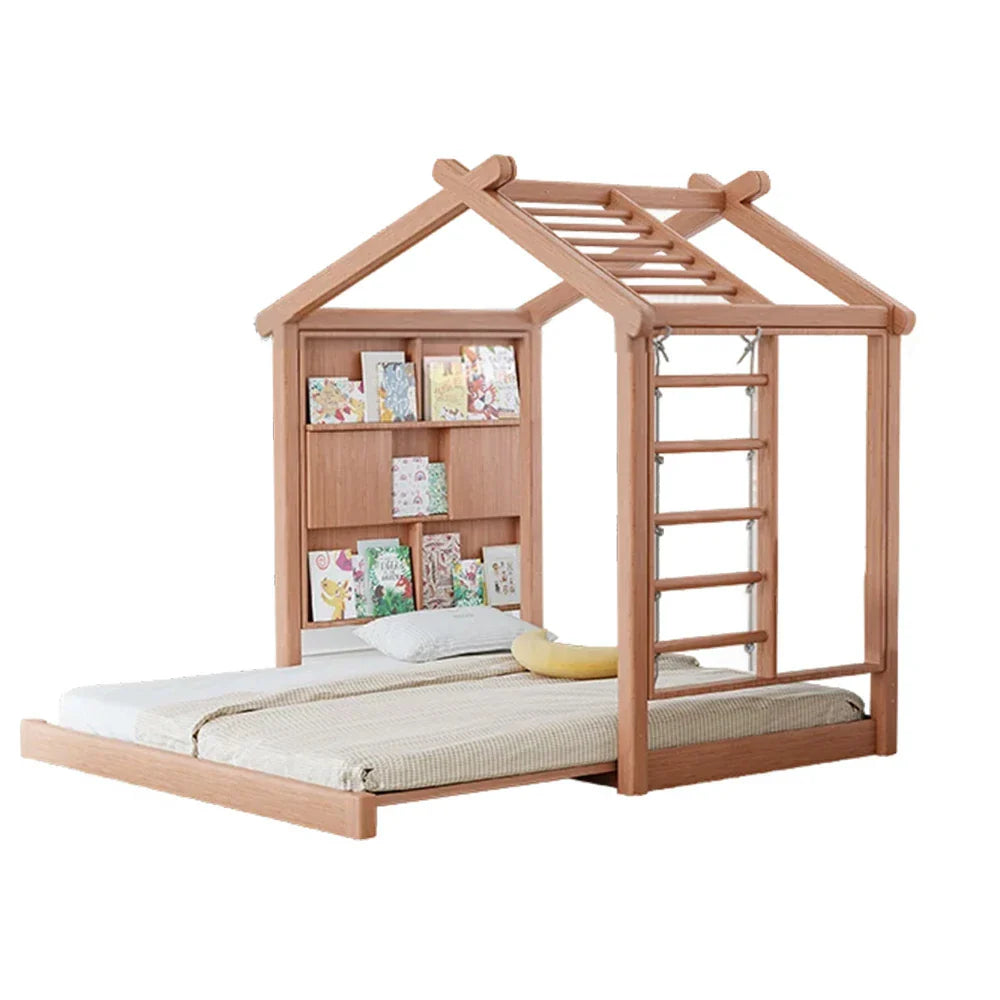 LUXORA 180/200cm Climbing Picture Book Function System Kids House Bed with Wooden Slide-Out Play Frame, Wall