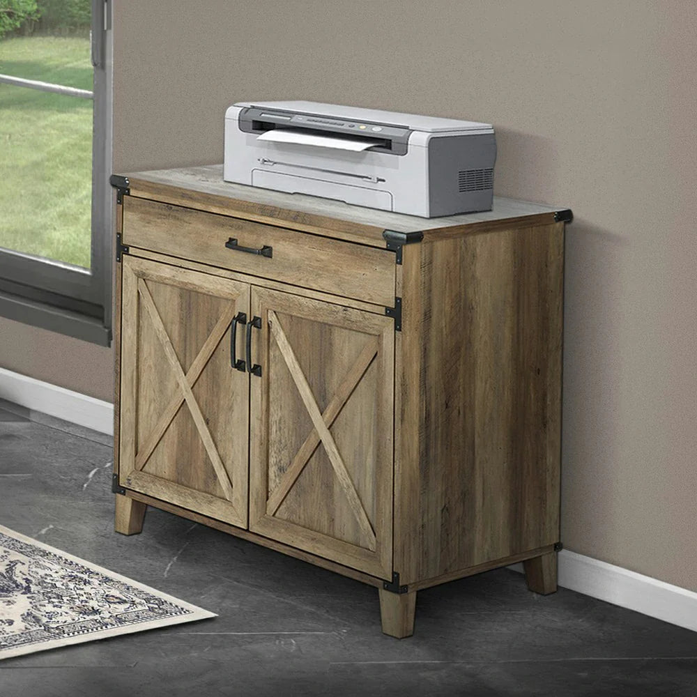 LIVARA 105 Shelf Oak Industrial Sliding Rustic Storage and Farmhouse Finish, Drawer Cabinet Office Home Doors, Laptop Design, X-Cross with Style, Desk, Furniture