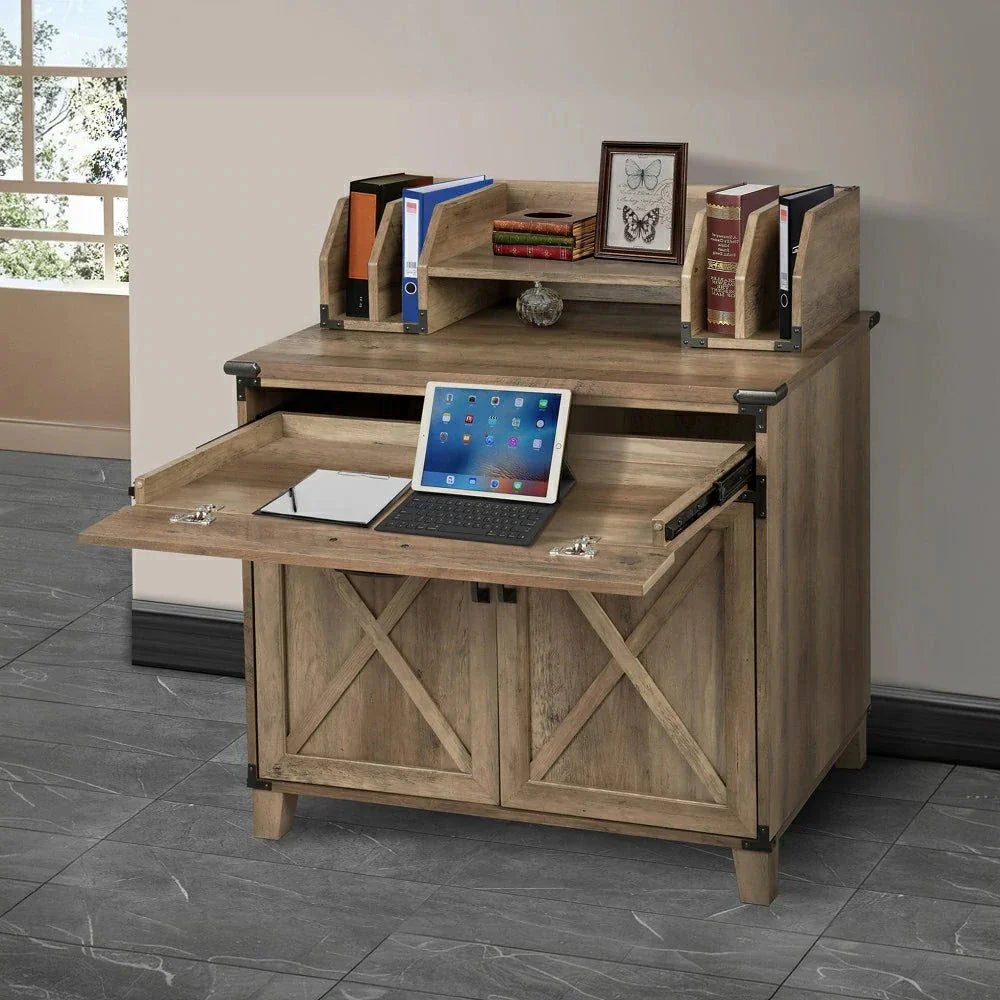 LIVARA 105 Shelf Oak Industrial Sliding Rustic Storage and Farmhouse Finish, Drawer Cabinet Office Home Doors, Laptop Design, X-Cross with Style, Desk, Furniture