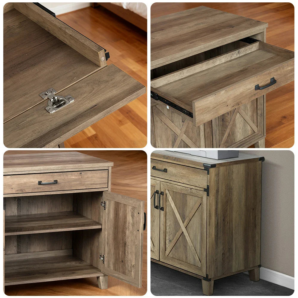 LIVARA 105 Shelf Oak Industrial Sliding Rustic Storage and Farmhouse Finish, Drawer Cabinet Office Home Doors, Laptop Design, X-Cross with Style, Desk, Furniture