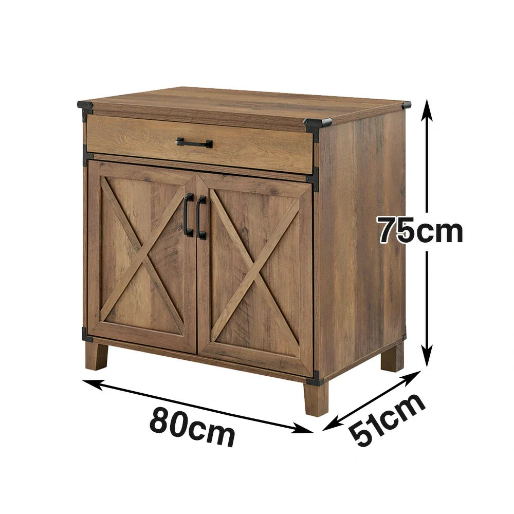 LIVARA 105 Shelf Oak Industrial Sliding Rustic Storage and Farmhouse Finish, Drawer Cabinet Office Home Doors, Laptop Design, X-Cross with Style, Desk, Furniture