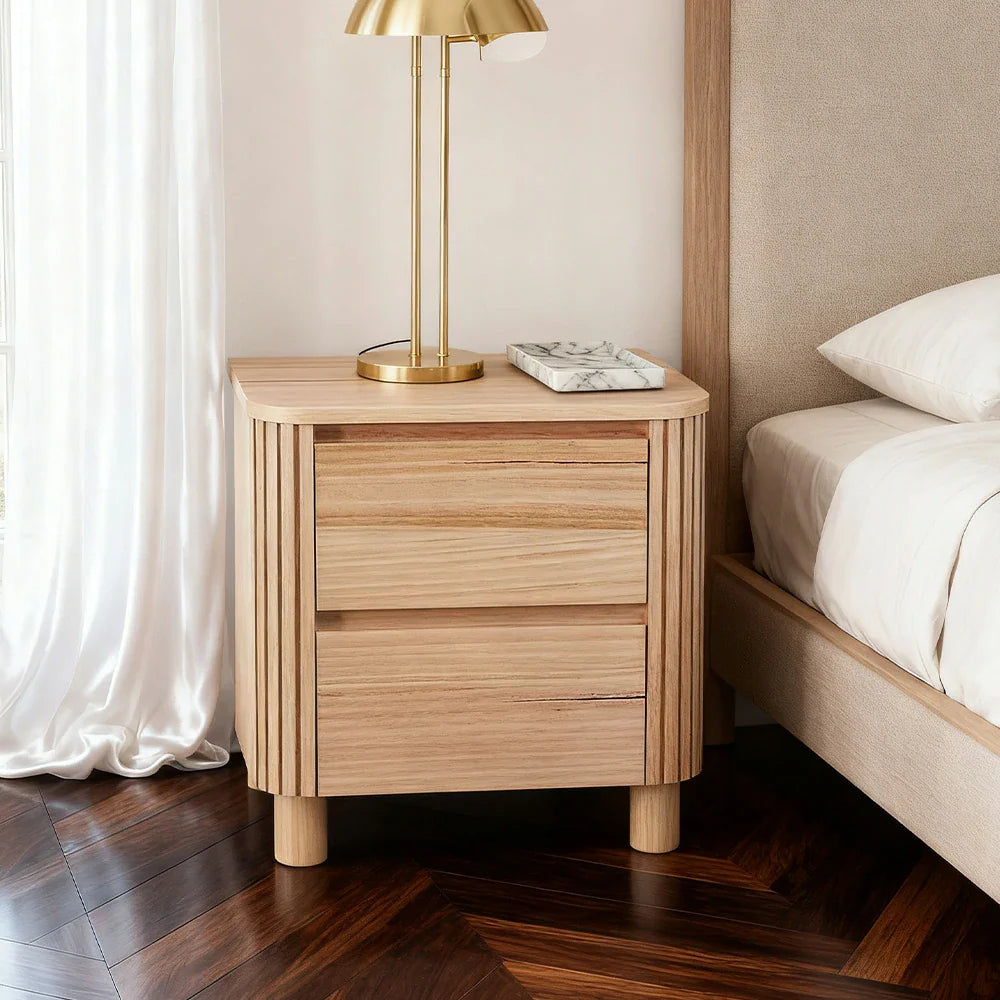 LIVARA 439 Design Table, Premium Detailing, Natural Bedside Ash Modern Minimalist - Grooved 2-Drawer Veneer, Finish