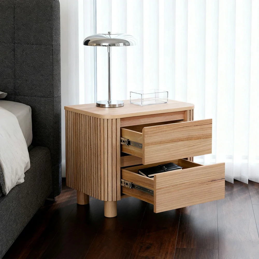 LIVARA 439 Design Table, Premium Detailing, Natural Bedside Ash Modern Minimalist - Grooved 2-Drawer Veneer, Finish