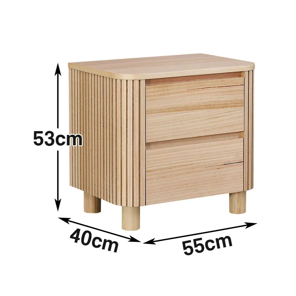 LIVARA 439 Design Table, Premium Detailing, Natural Bedside Ash Modern Minimalist - Grooved 2-Drawer Veneer, Finish