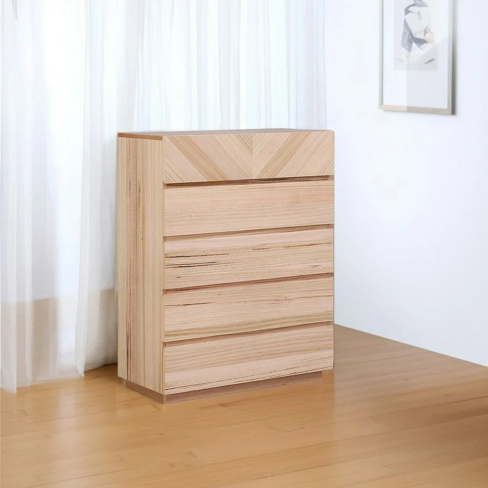 LIVARA 449 Contemporary 5-Drawer - Veneer Premium Natural Dresser Spacious Ash V-Shaped - Drawer Tall Style Pattern - Refined Storage Finish