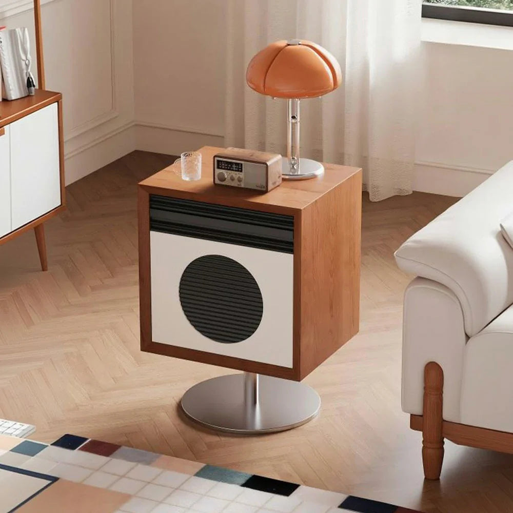 LIVARA 8801 and Bedside Wood Drawer Steel Accents Wood - Rotating Solid Stainless with Table Acrylic, Flip Translucent White