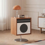 LIVARA 8801 and Bedside Wood Drawer Steel Accents Wood - Rotating Solid Stainless with Table Acrylic, Flip Translucent White