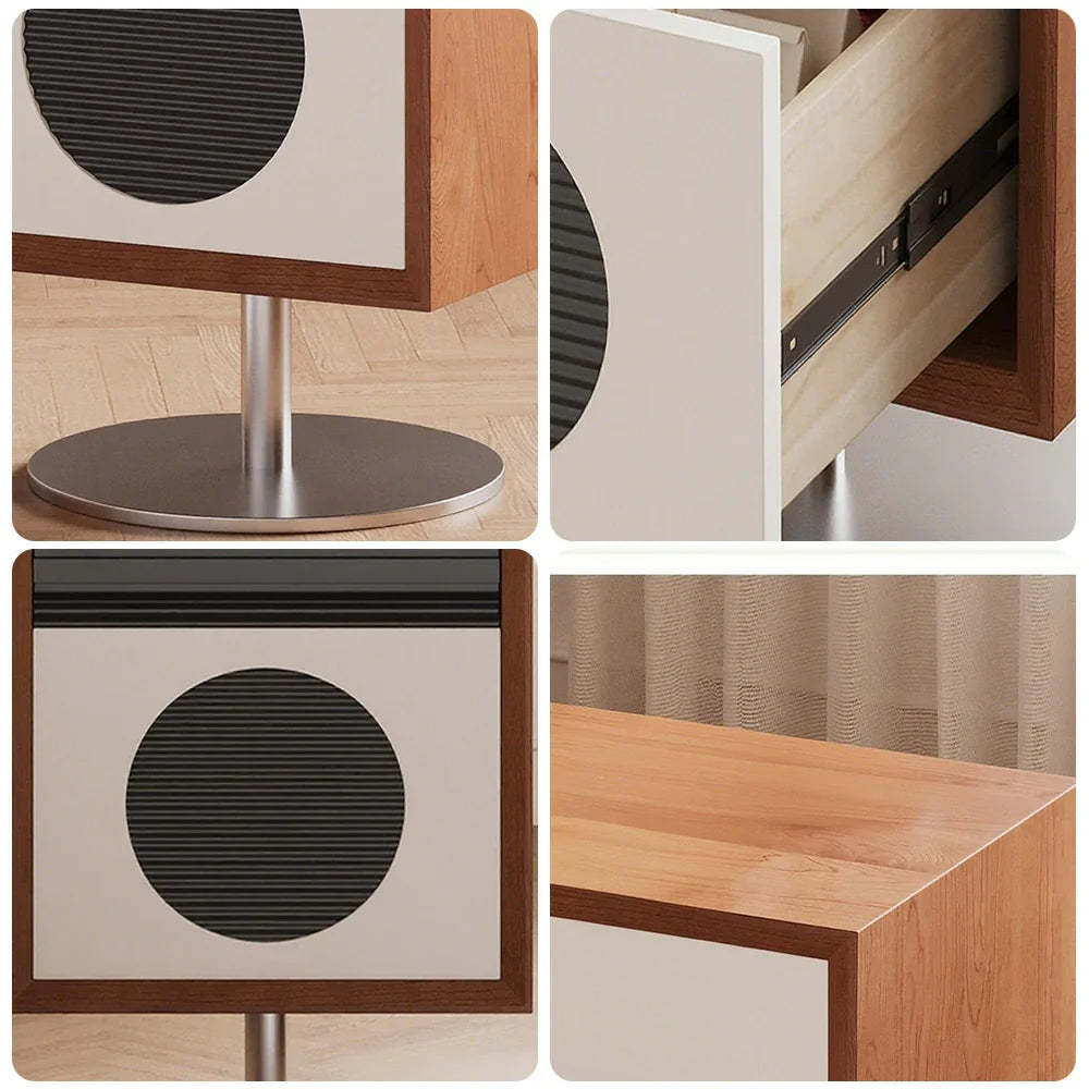 LIVARA 8801 and Bedside Wood Drawer Steel Accents Wood - Rotating Solid Stainless with Table Acrylic, Flip Translucent White