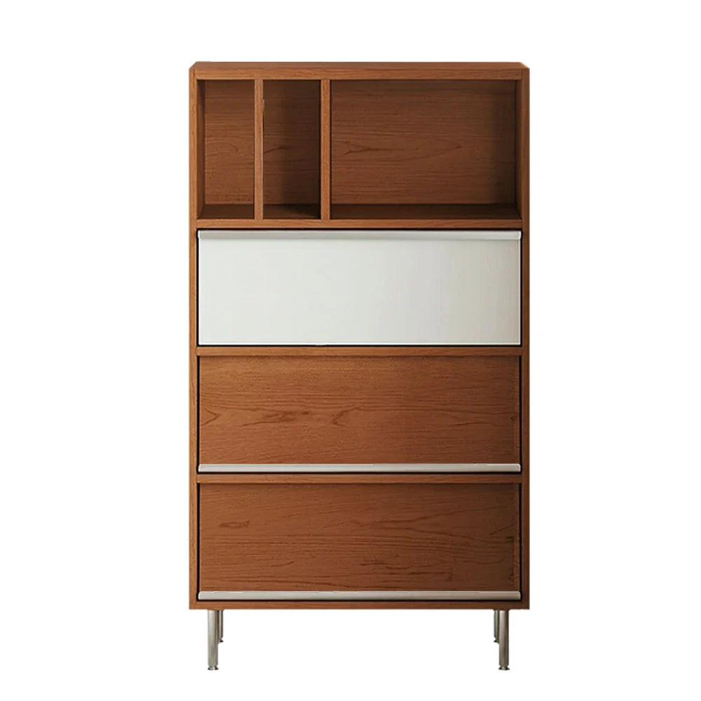 LIVARA 9807 Dual Cabinet, Flip-Up Drop-Down Storage Stainless Wood Doors - Solid with Veneer Drawers, and Legs Wood Steel White