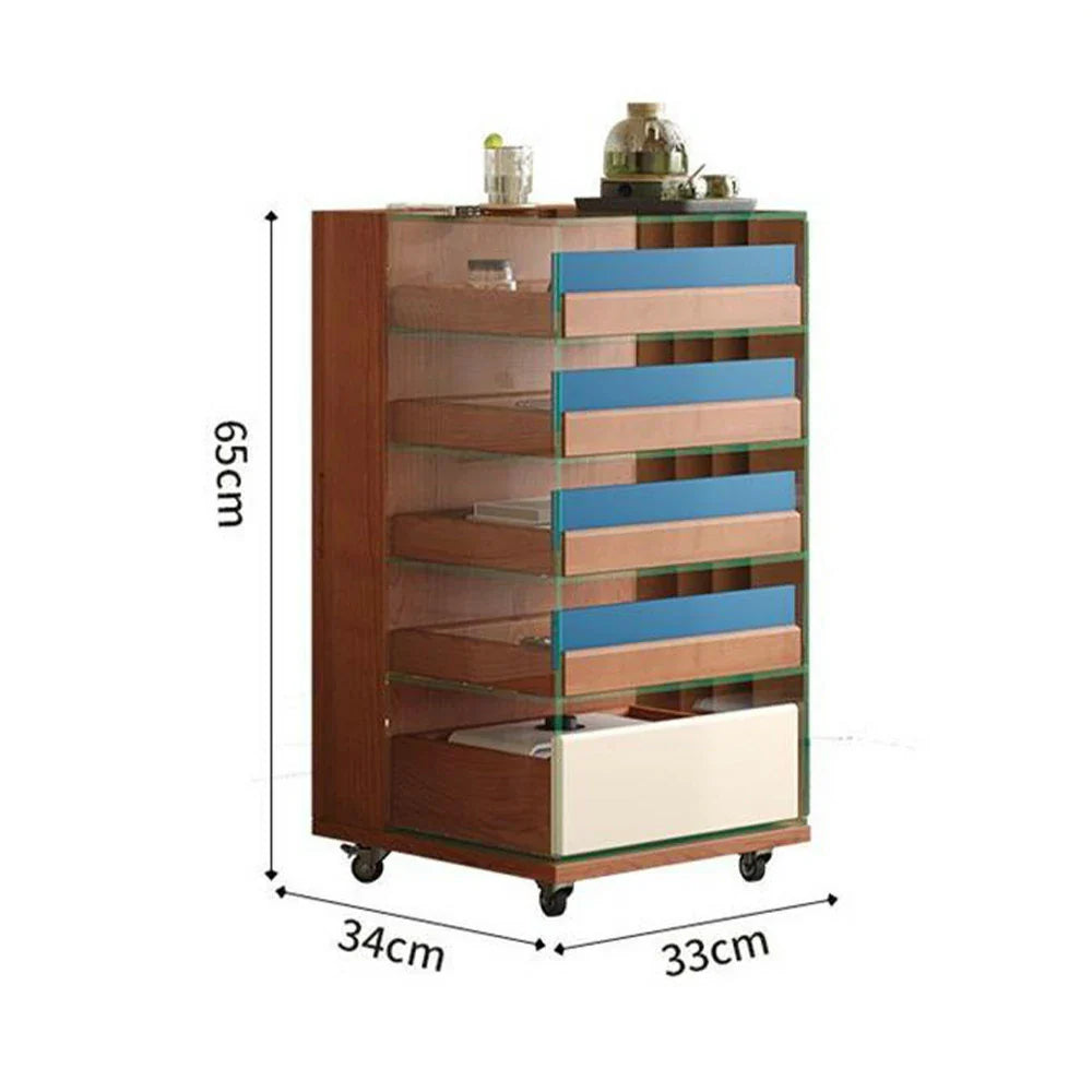 LIVARA 8813 - Wood Frame, Veneer, Storage and Cabinet, Rubberwood Wood Silent 5 12mm Casters with Drawers, Transparent Colourful Solid Glass Cherry Blue