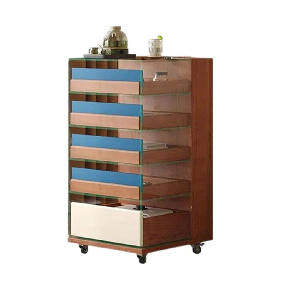 LIVARA 8813 - Wood Frame, Veneer, Storage and Cabinet, Rubberwood Wood Silent 5 12mm Casters with Drawers, Transparent Colourful Solid Glass Cherry Blue