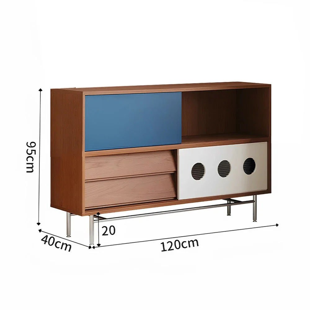 LIVARA 8815 Cherry and Steel Spacious Soft-Close Design Dual Rubberwood Legs, Storage Wood Doors, Cabinet, Stainless Sliding Wood Solid - Veneer, Drawers, with Blue