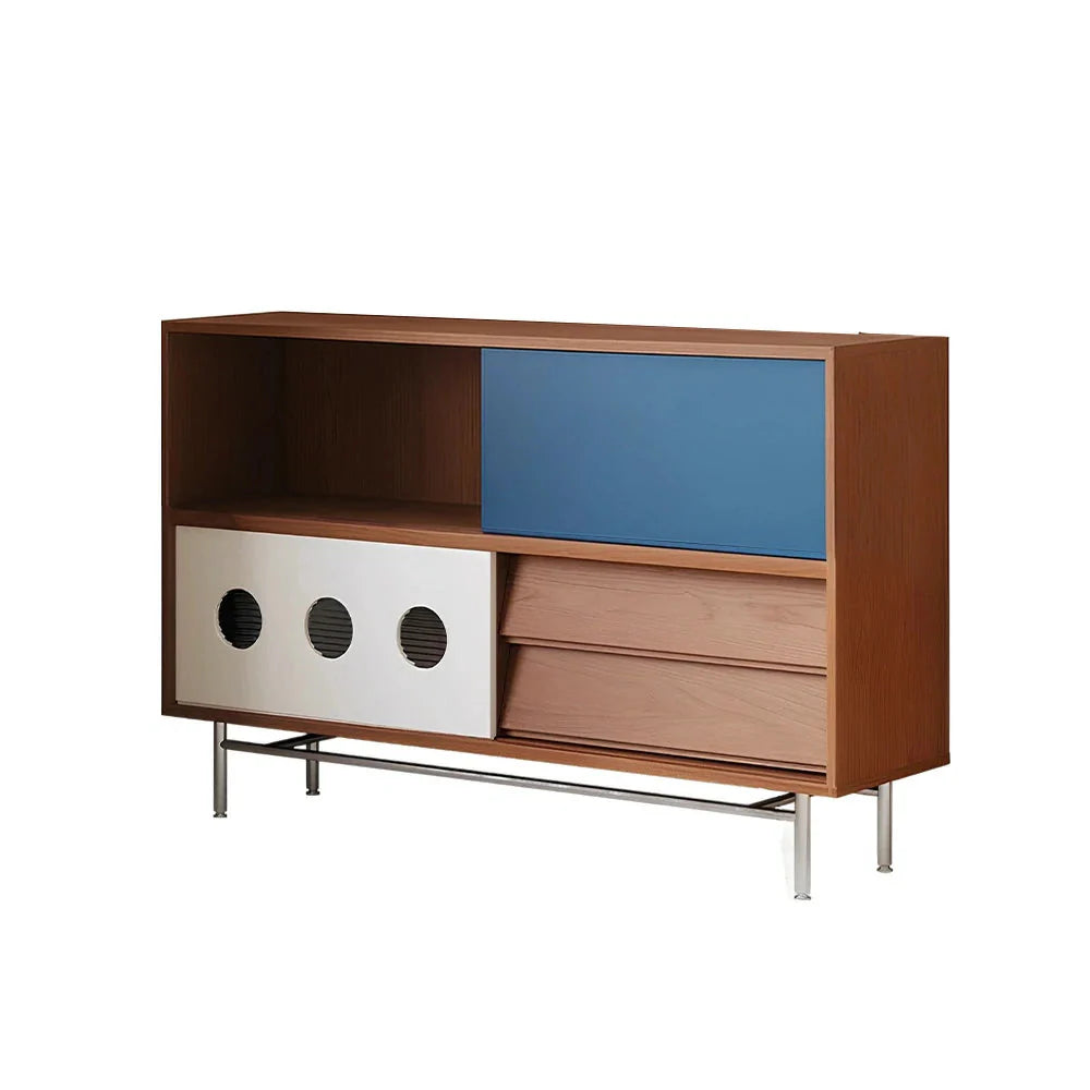 LIVARA 8815 Cherry and Steel Spacious Soft-Close Design Dual Rubberwood Legs, Storage Wood Doors, Cabinet, Stainless Sliding Wood Solid - Veneer, Drawers, with Blue
