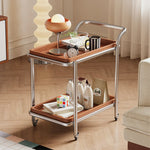 LIVARA 8816 Cherry Veneer, Frame, Swivel - Two-Tier Wood Steel Stainless 304 Design, Casters Trolley, Silent Solid Wood
