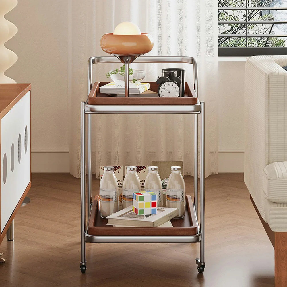 LIVARA 8816 Cherry Veneer, Frame, Swivel - Two-Tier Wood Steel Stainless 304 Design, Casters Trolley, Silent Solid Wood