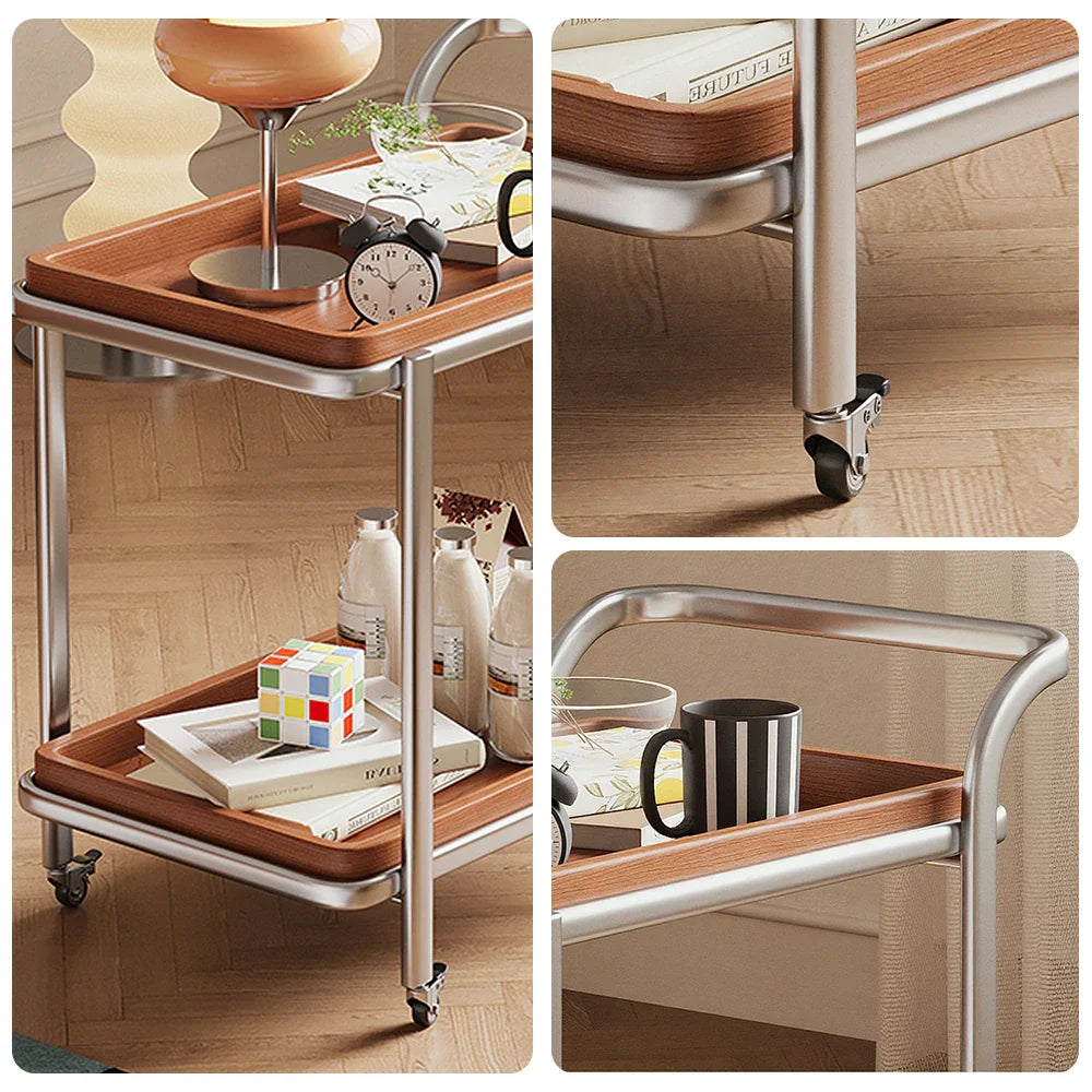 LIVARA 8816 Cherry Veneer, Frame, Swivel - Two-Tier Wood Steel Stainless 304 Design, Casters Trolley, Silent Solid Wood