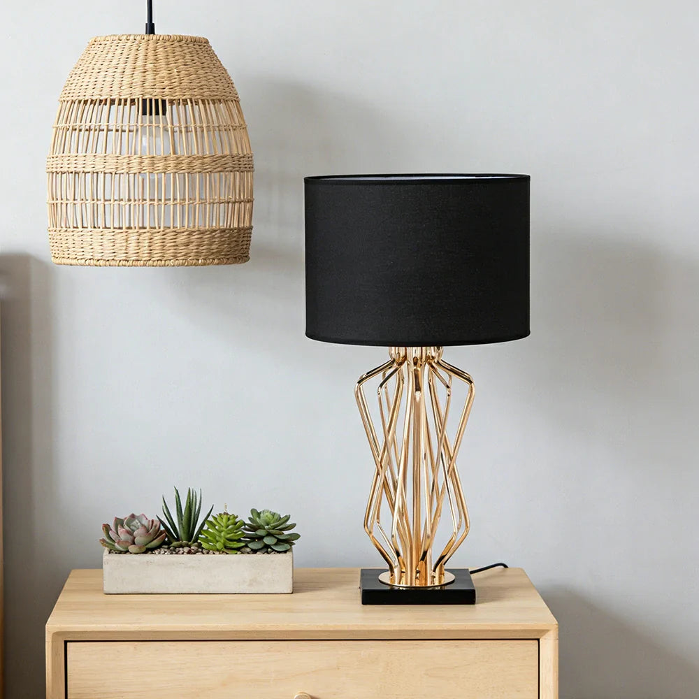 LIVARA Table Lamp - Electroplated Metal Frame, Fabric Shade, Natural Marble Base, Elegant Multi-Use Design - Black