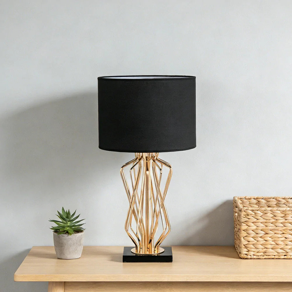 LIVARA Table Lamp - Electroplated Metal Frame, Fabric Shade, Natural Marble Base, Elegant Multi-Use Design - Black