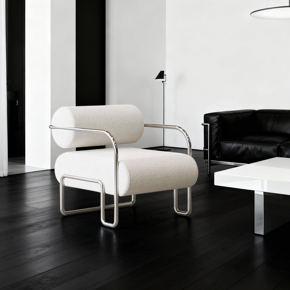 LIVARA Velvet Lounge Chair Thick Cushion Stainless Steel Frame Deep-Relax Bolster Support Design White&Silver