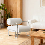 LIVARA Velvet Lounge Chair Thick Cushion Stainless Steel Frame Deep-Relax Bolster Support Design White&Silver