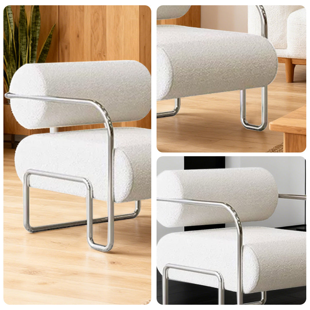 LIVARA Velvet Lounge Chair Thick Cushion Stainless Steel Frame Deep-Relax Bolster Support Design White&Silver