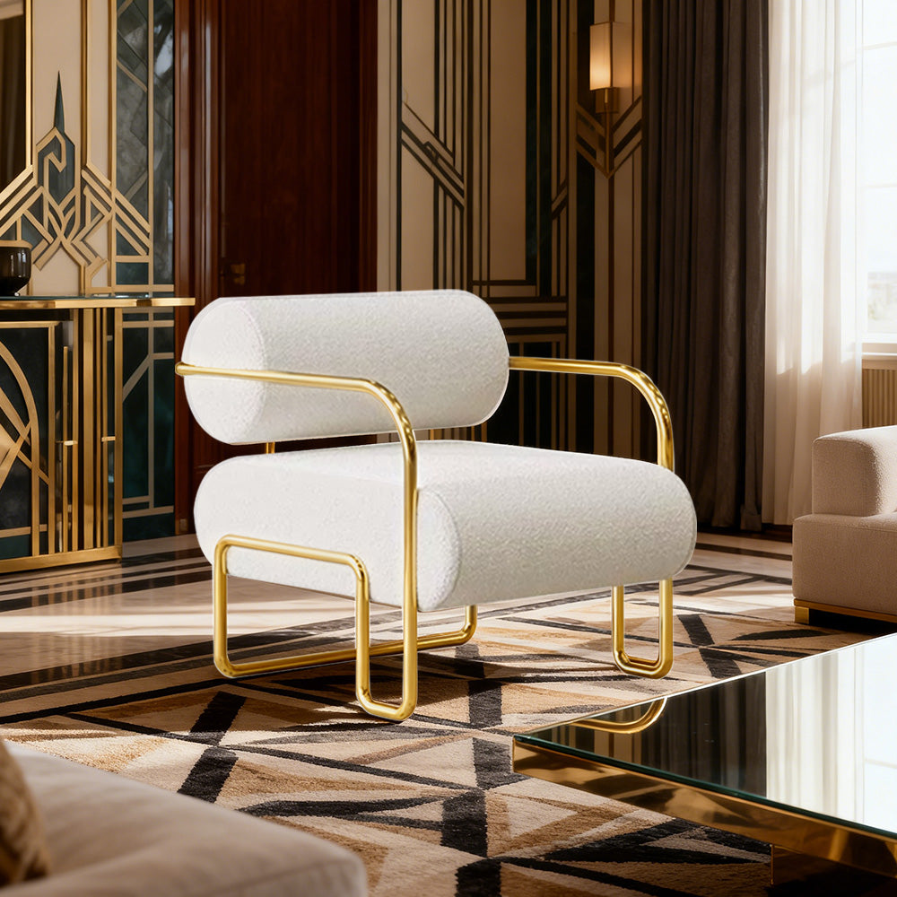 LIVARA Velvet Lounge Chair Thick Cushion Stainless Steel Frame Deep-Relax Bolster Support Design White&Gold