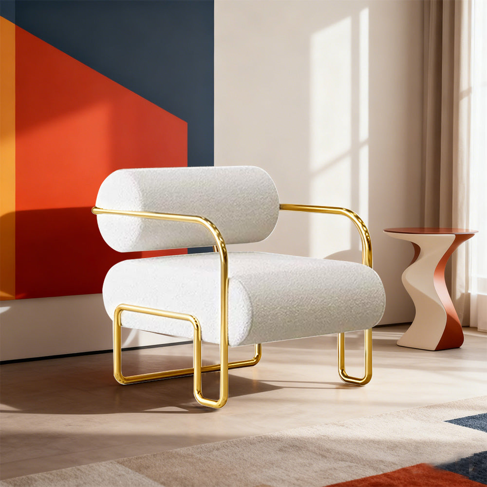 LIVARA Velvet Lounge Chair Thick Cushion Stainless Steel Frame Deep-Relax Bolster Support Design White&Gold