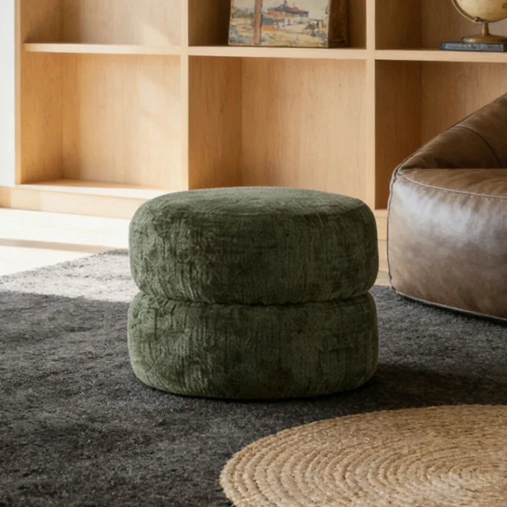 LIVARA Round Ottoman - High-Resilience Foam, Chenille Fabric, Lightweight & Mobile, Multi-Use Design - Green
