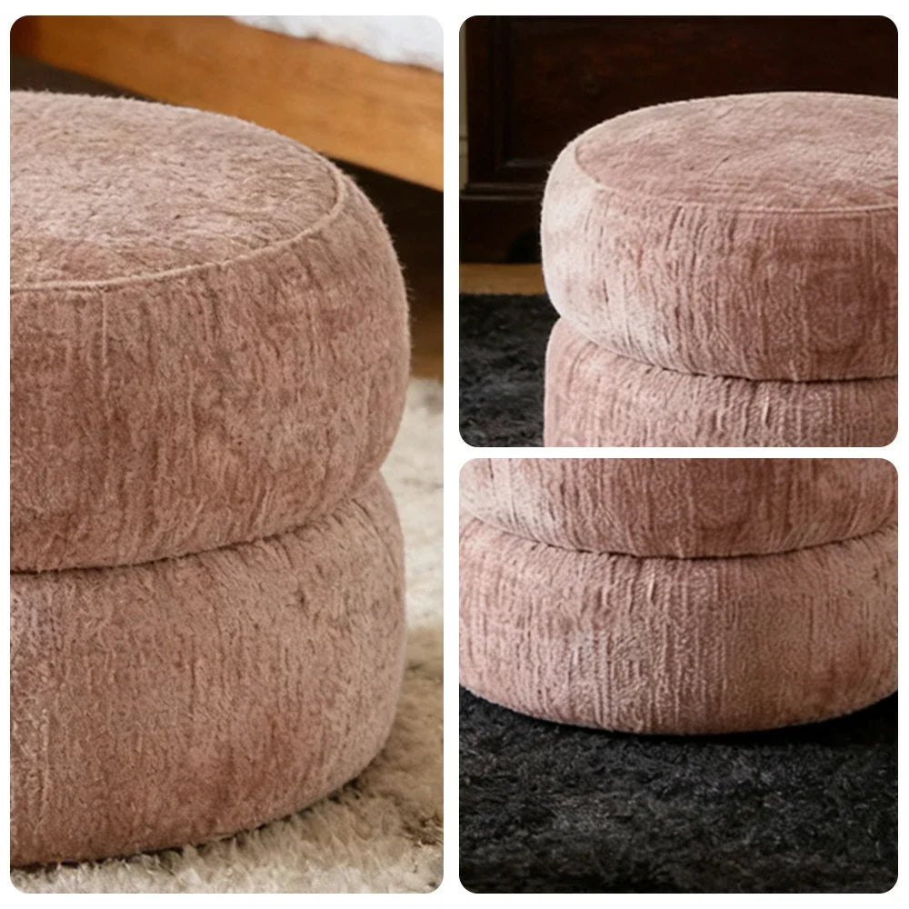 LIVARA Round Ottoman - High-Resilience Foam, Chenille Fabric, Lightweight & Mobile, Multi-Use Design - Pink