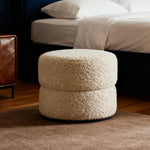 LIVARA Round Ottoman - High-Resilience Foam, Chenille Fabric, Lightweight & Mobile, Multi-Use Design - White