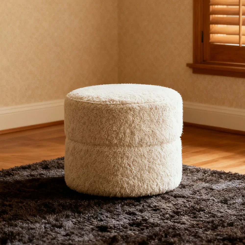 LIVARA Round Ottoman - High-Resilience Foam, Chenille Fabric, Lightweight & Mobile, Multi-Use Design - White