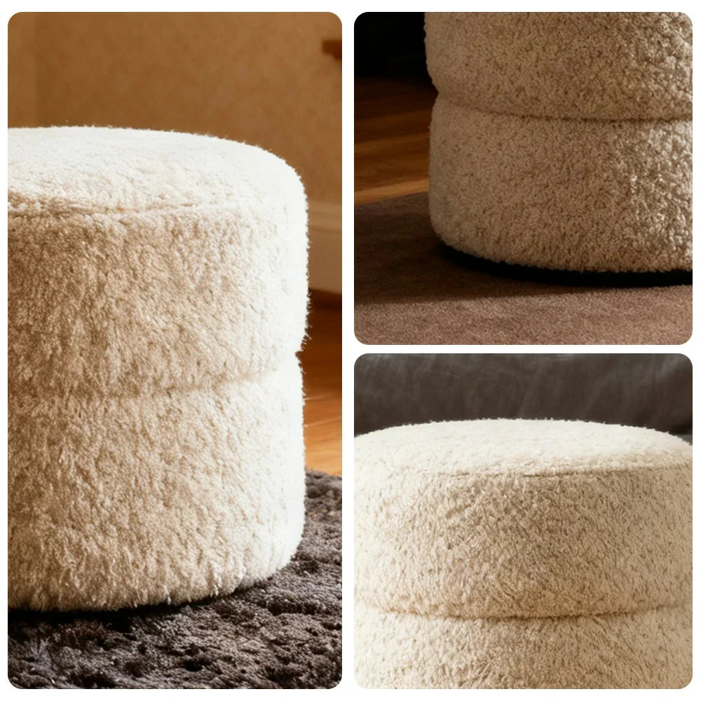 LIVARA Round Ottoman - High-Resilience Foam, Chenille Fabric, Lightweight & Mobile, Multi-Use Design - White